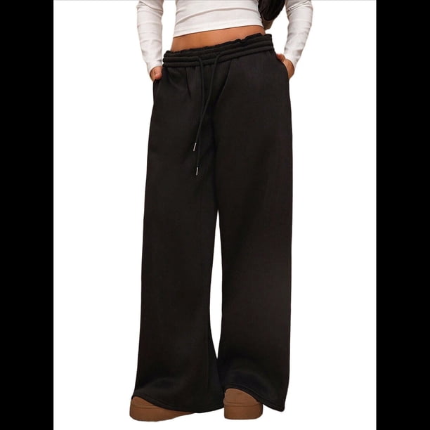 Pantalones Deportivos de Pierna para Mujer, Cintura Alta, Holgados, con Cordón Interior y Pierna Recta. Negro S