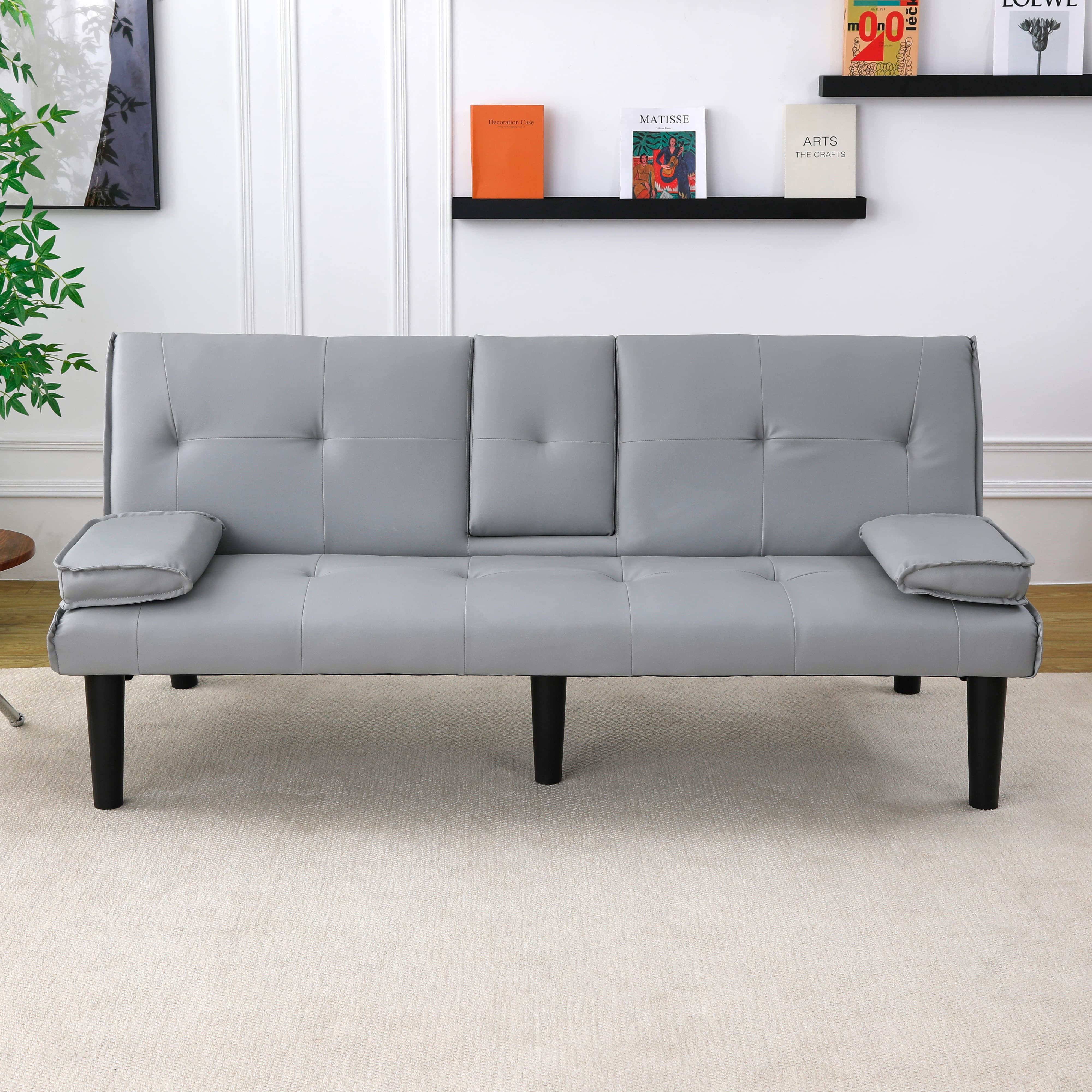 MAYEERTY 67" Convertible Sofa Bed PVC Loveseat Sofa with Cup Holder for Apartment, Living Room, Small Space, Light Gray