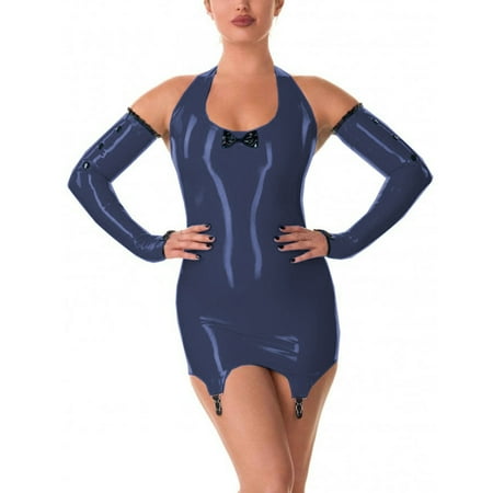 Women Sexy Halter Sleeveless Dress PVC Leather Bodycon Dress with Garter Clips Gloves Lingerie Mini Dress
