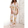 thumbnail image 3 of SUNSIOM Women's Summer 2Pcs Outfits Cartoon Palm Leaf Print Short Sleeves Lapel Tops with Drawstring Pants Set, 3 of 6