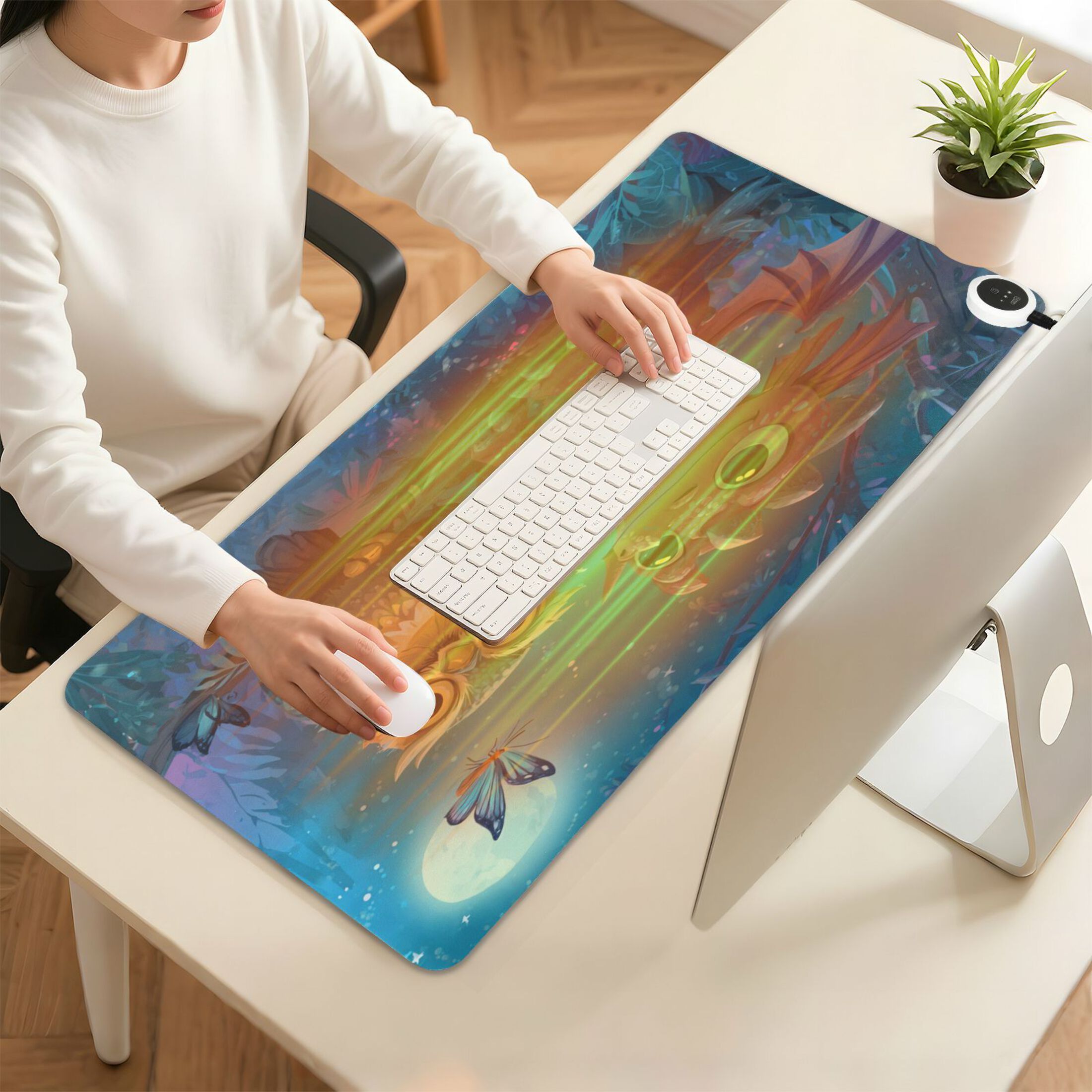 Wobogo Cute Dragon Owl Heated Mouse Pad Extra-Large Desk Mat With 3 Heating Levels and 3-hour Auto Shut-Off Protection Ideal for Computer Keyboards Home Office Hand-warming Essential 31.5in × 13in