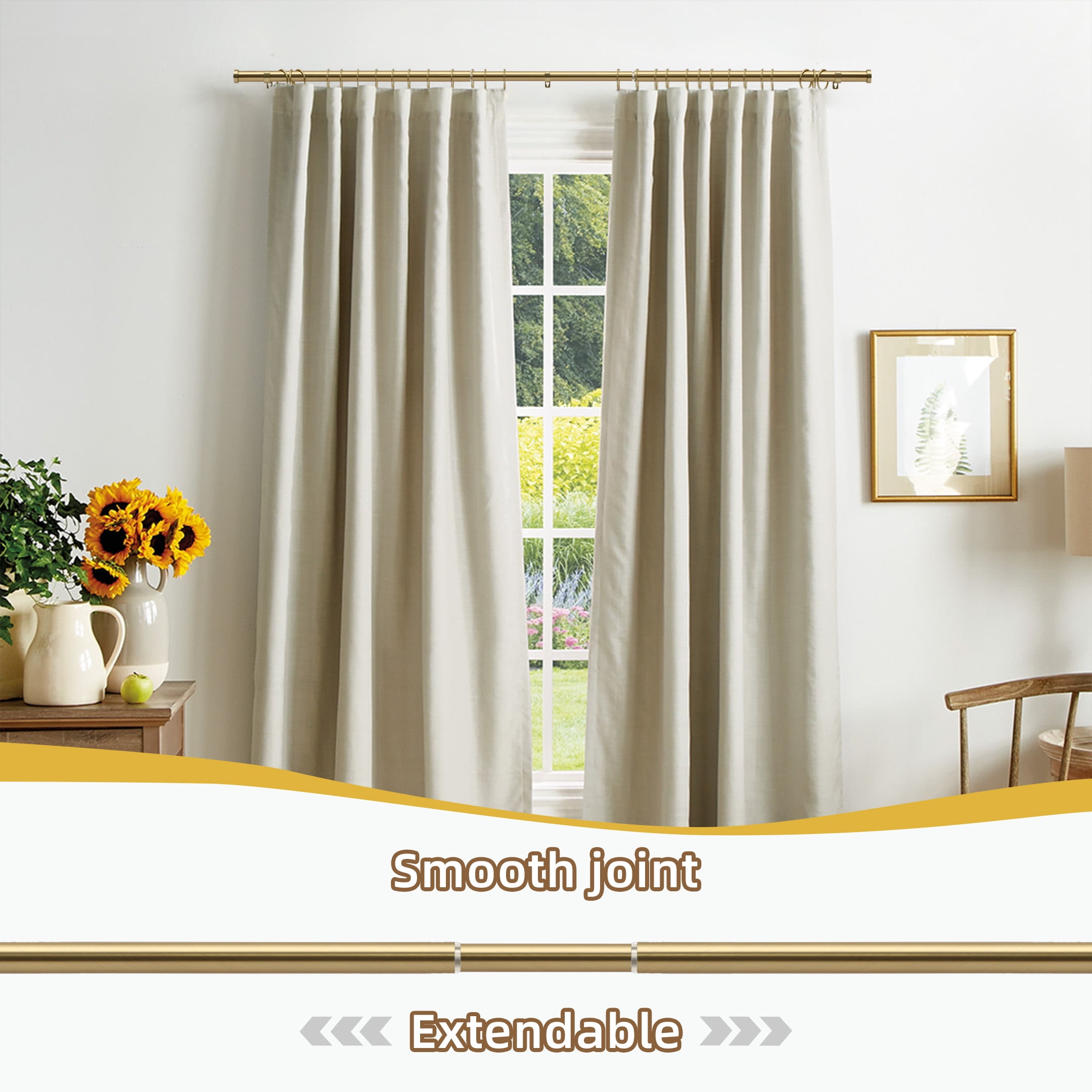Coquilles 1 Inch Adjustable Single Curtain Rods, Gold with Cap Finials, 36-72 Inches