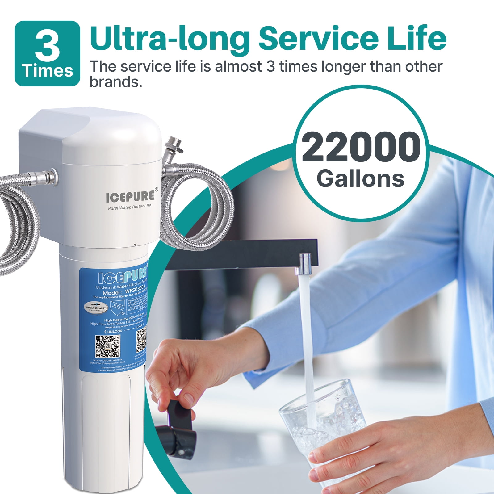ICEPURE WFS5300A Under-Sink Water Filtration System, Direct Connect Under Counter Water Filtration System 1PACK