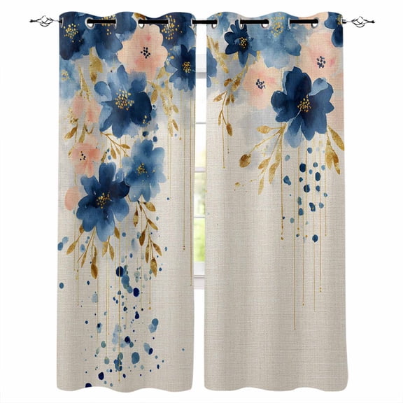 Navy Blue Spring Floral Blackout Curtains for Bedroom - 84 Inch Long Light Blocking 2 Panels Set, Farmhouse Butterfly Rustic Thermal Insulated Living Room Drapes Grommet Window Curtains 52"x84"