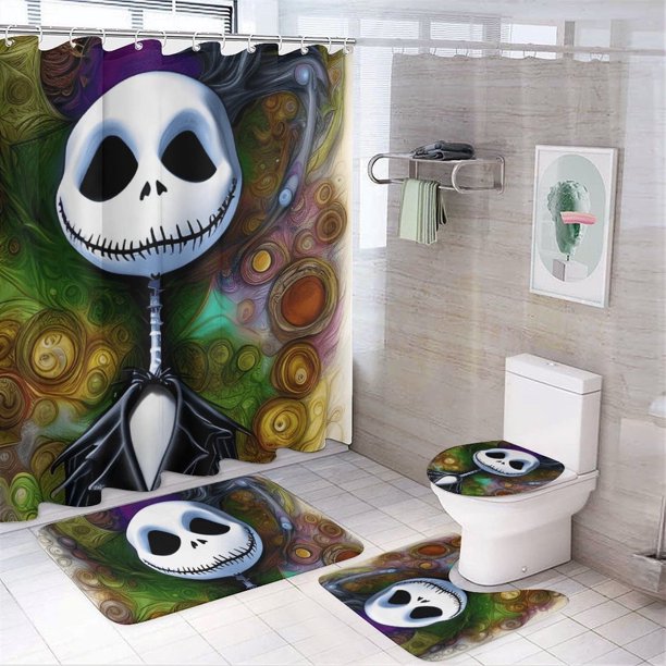Juego de 4 cortinas de ducha de Jack Skellington con alfombrillas antideslizantes, tapa de inodoro y alfombrilla de baño, cortina de ducha impermeable con decoración de dibujos animados para baño con