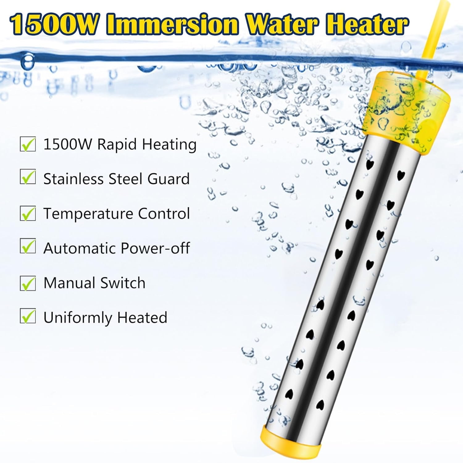 Immersion Water Heater, Portable Bucket Heater with Switch + Temperature Control, 304 Stainless Steel Anti-scalding, Submersible Water Heater Bathtub Heats up to 5 gallons of Water in Minutes