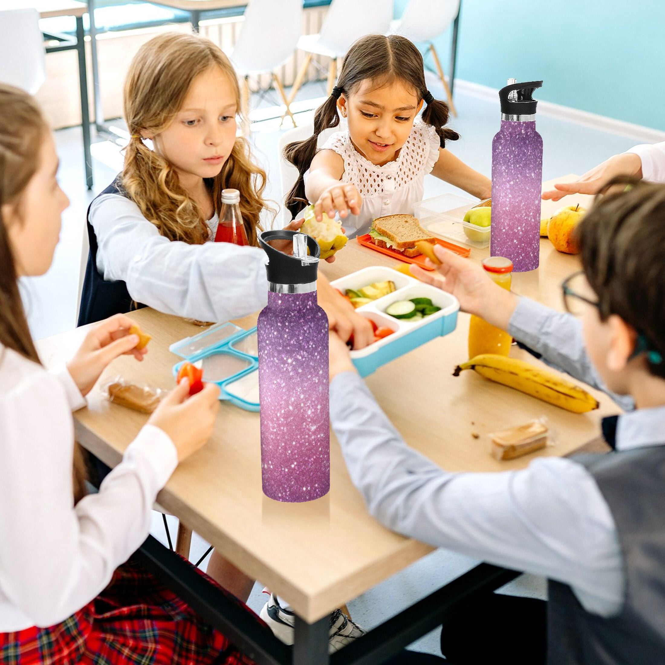 Kids Insulated Stainless Steel Sports Water Bottle 600ml Pink and Purple Glitter Pattern