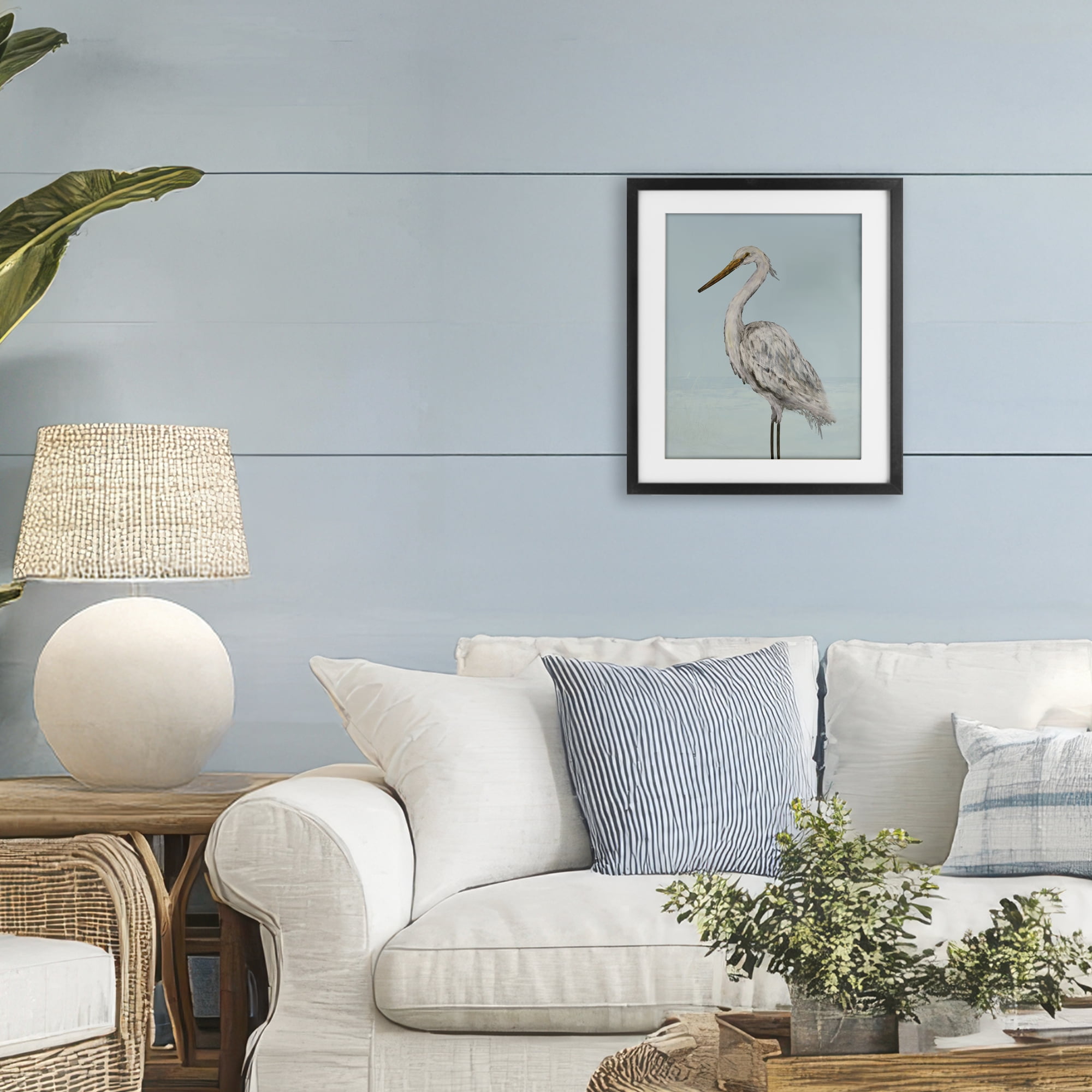 Stupell Industries Coastal Heron Muted Blue Black Framed Print Under Glass, design by Julie DeRice