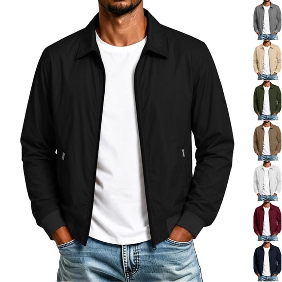 Husipze Men's Lightweight Jacket Full Zip Up Work Jackets Turndown Collar Business Casual Windbreaker Outerwear with Pockets Black S