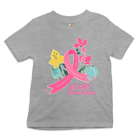 Tee Hunt We Will Overcome Youth T-Shirt Pink Ribbon Breast Cancer Awareness Kids Gray Small