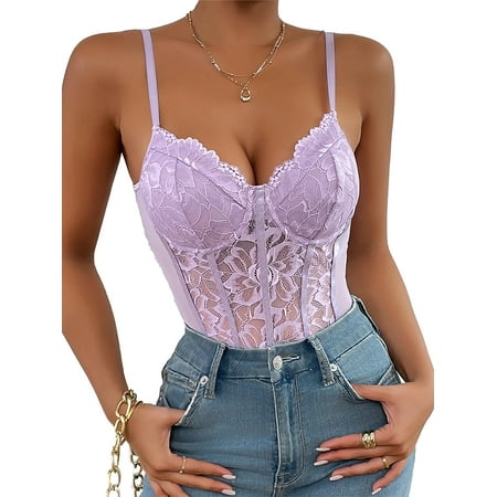 Michellecmm Women Babydoll Pajamas Corset Waist Floral Lace Lingerie Bodysuit