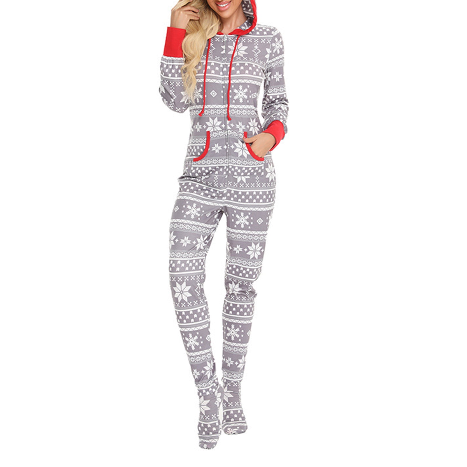 Womens Pjs Covered Feet Hooded One-Piece Onesie Adult Pajamas for Women