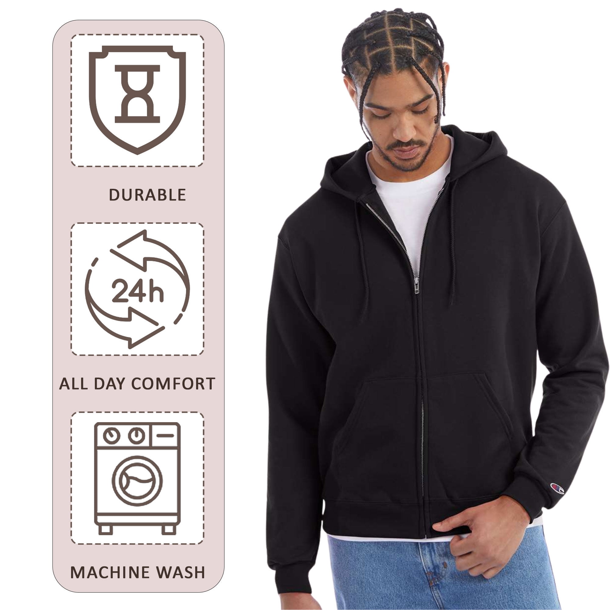 Champion Men's Powerblend Full-Zip Hooded Sweatshirt, 50/25/25 Cotton//Recycled Polyester Winter Fleece Jackets (Charcoal Heather, 2XL)