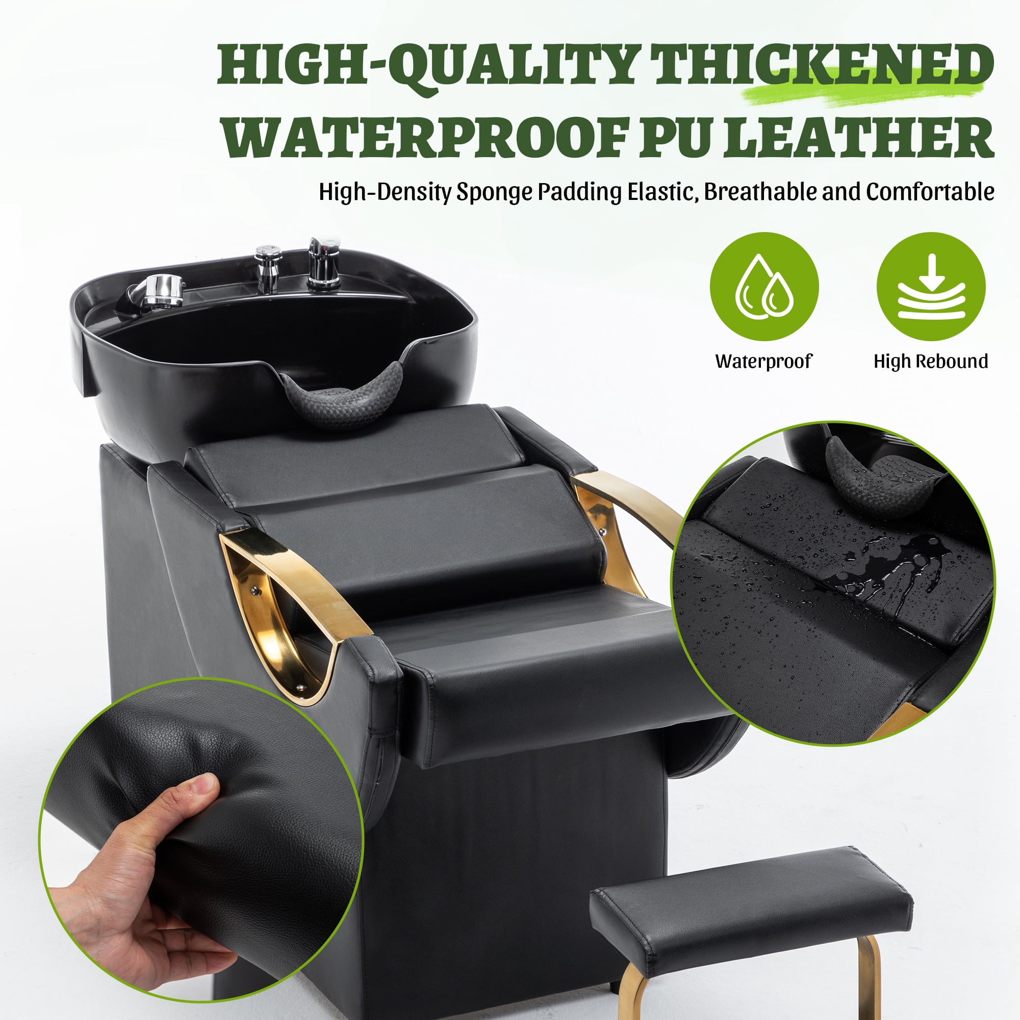 Miniyam 42.4" x 21.8" x 30" Shampoo Bowl & Chair Set with Footstool – Heavy Duty 300 lbs, Deep ABS Basin, Neck Rest, Black & Gold – for Salon Spa Barber