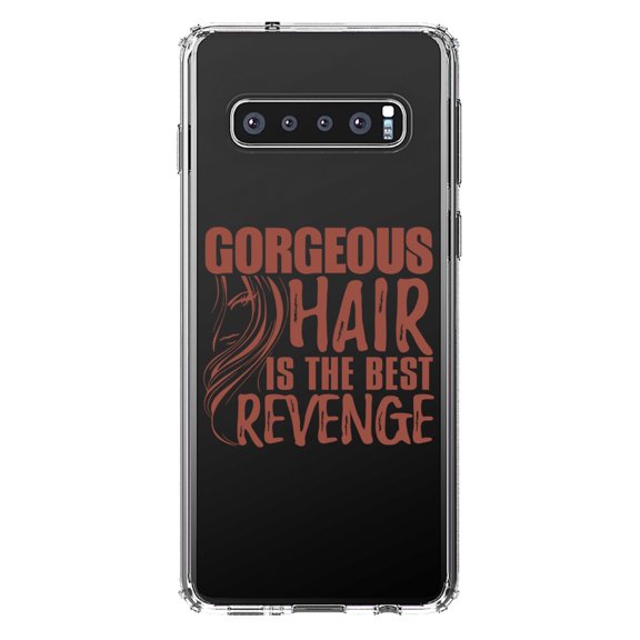 DistinctInk Clear Shockproof Hybrid Case for Samsung Galaxy S10 (6.1" Screen) - TPU Bumper Acrylic Back Tempered Glass Screen Protector - Gorgeous Hair is the Best Revenge