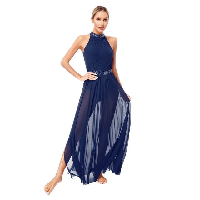 YiZYiF Robe de Danse Lyrique Moderne Sans Manches avec Strass Brillants Fendue sur le Côté en Maille Maxi Robe Bleu Marine G