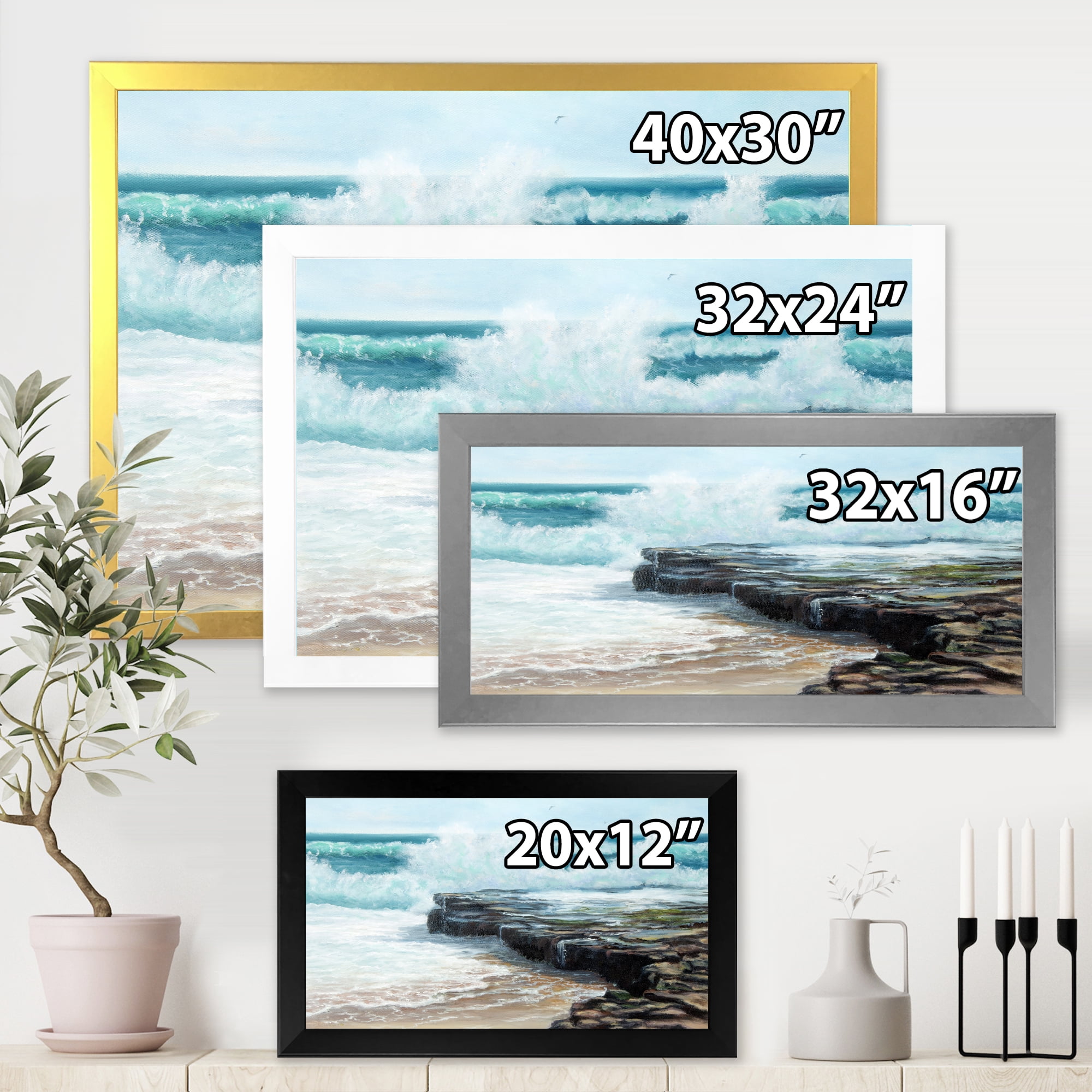 Designart 'Wild Ocean Waves Breaking On The Shore' Nautical & Coastal Framed Art Print
