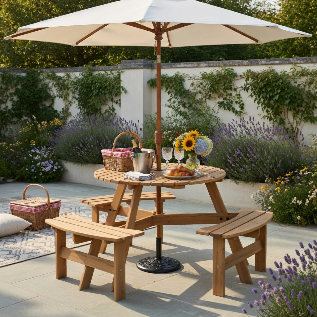 Hommoo 6-Person Round Outdoor Picnic Table Set with 3 Built-in Benches, Umbrella Hole & Weather-Resistant Fir Wood, Yellow