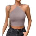 thumbnail image 1 of Camisa de punto sin mangas corta ajustada de Color liso elegante a la moda con lazo Halter para mujer para fiesta, 1 of 6