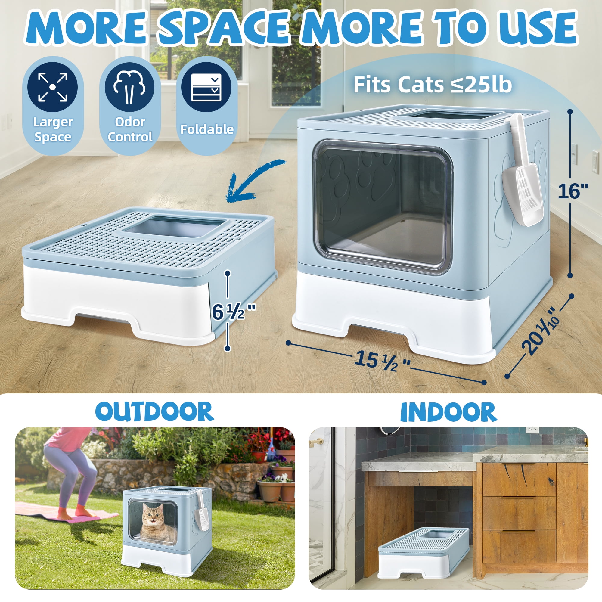 Upgraded Extra Large Cat Litter Box With Scoop, Plastic Standard Enclosed Litter Box, Upgraded Adjustable Door Cat Litter Box With Enlarged Drawer，Light Blue