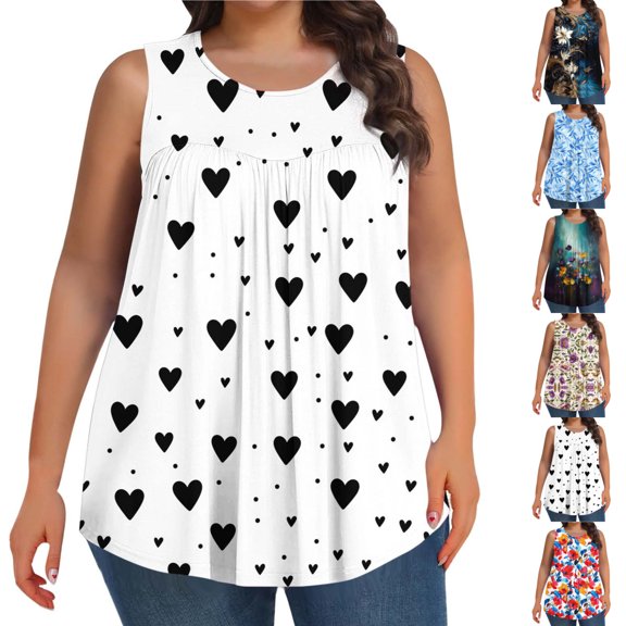 Plus Size Tank Tops for Women Floral Print Sleeveless Pleated Front Blouses Round Neck Casual Loose T-Shirt Trendy Summer Tanks