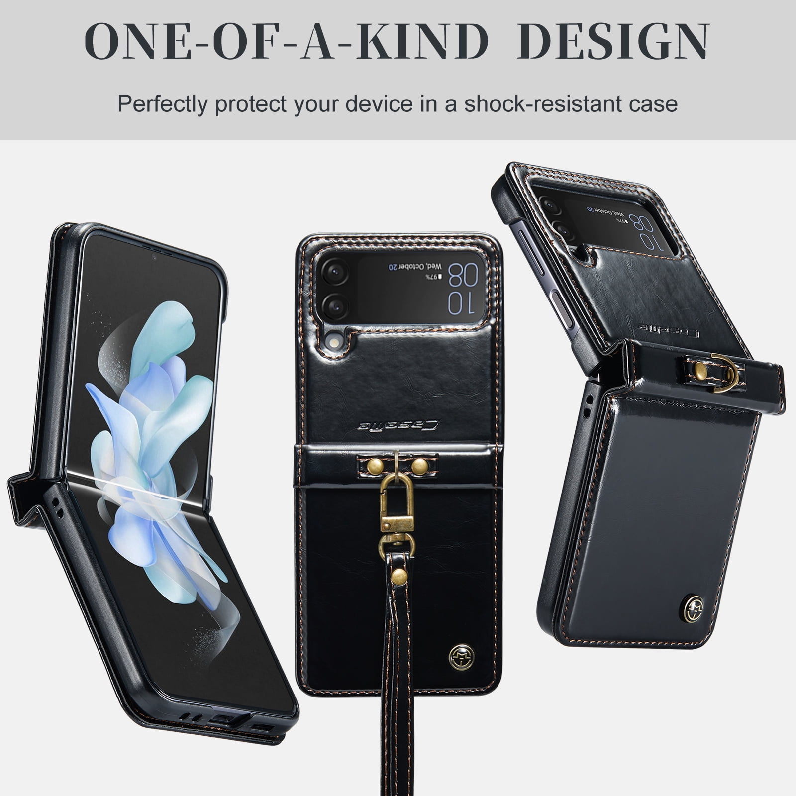KONEE Phone Case Compatible with Samsung Galaxy Z Flip 4 5G,Leather Case PU Leather Flip Phone Case with [ Wrist Strap ], Foldable Phone Case for Samsung Galaxy Z Flip 4 5G Case - Black