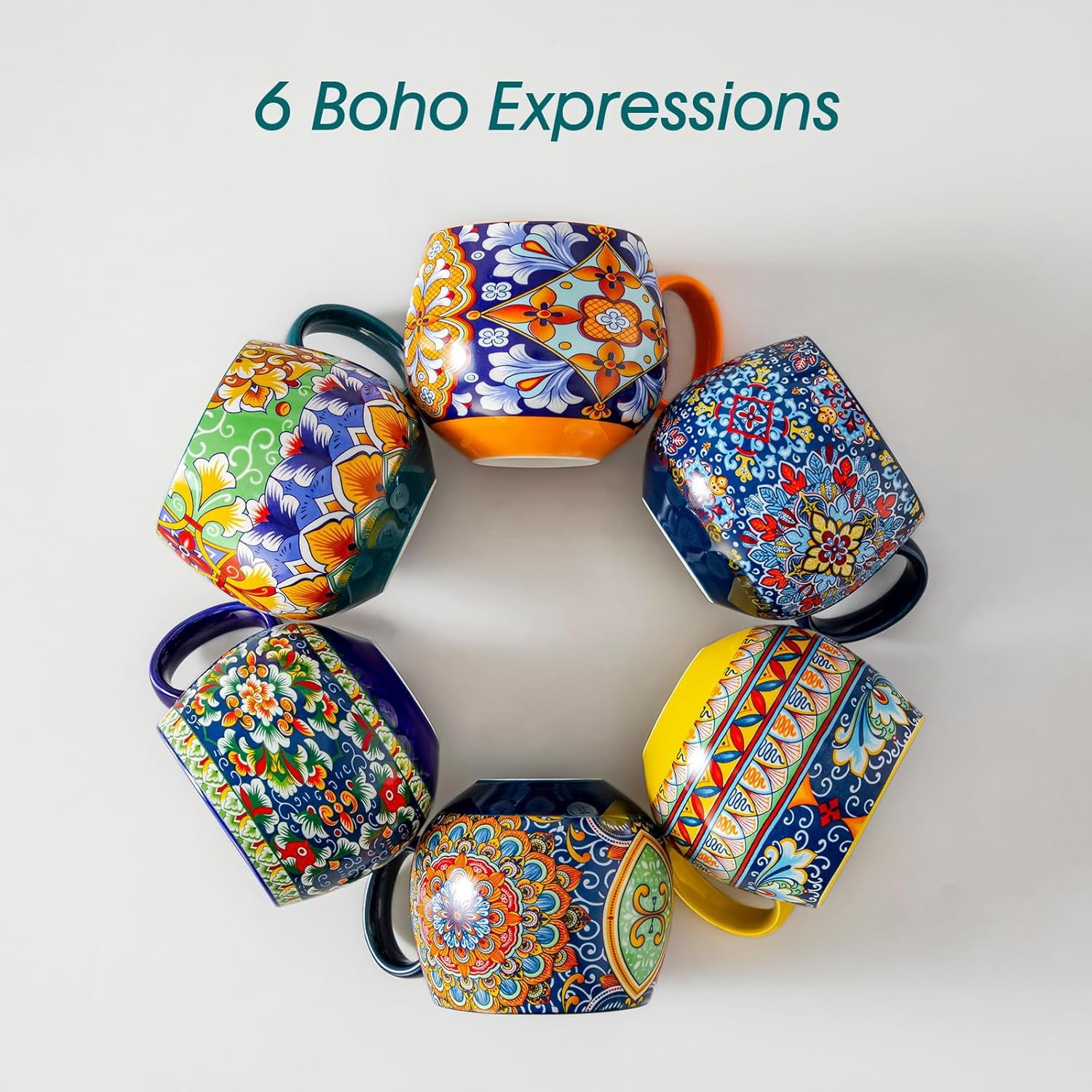 Ceramic Coffee Mug Set of 6, 16oz Porcelain Cups for Cappuccino, Latte, and Espresso, Colorful Boho Mugs with Handle, Rounded Design, Dishwasher and Microwave Safe