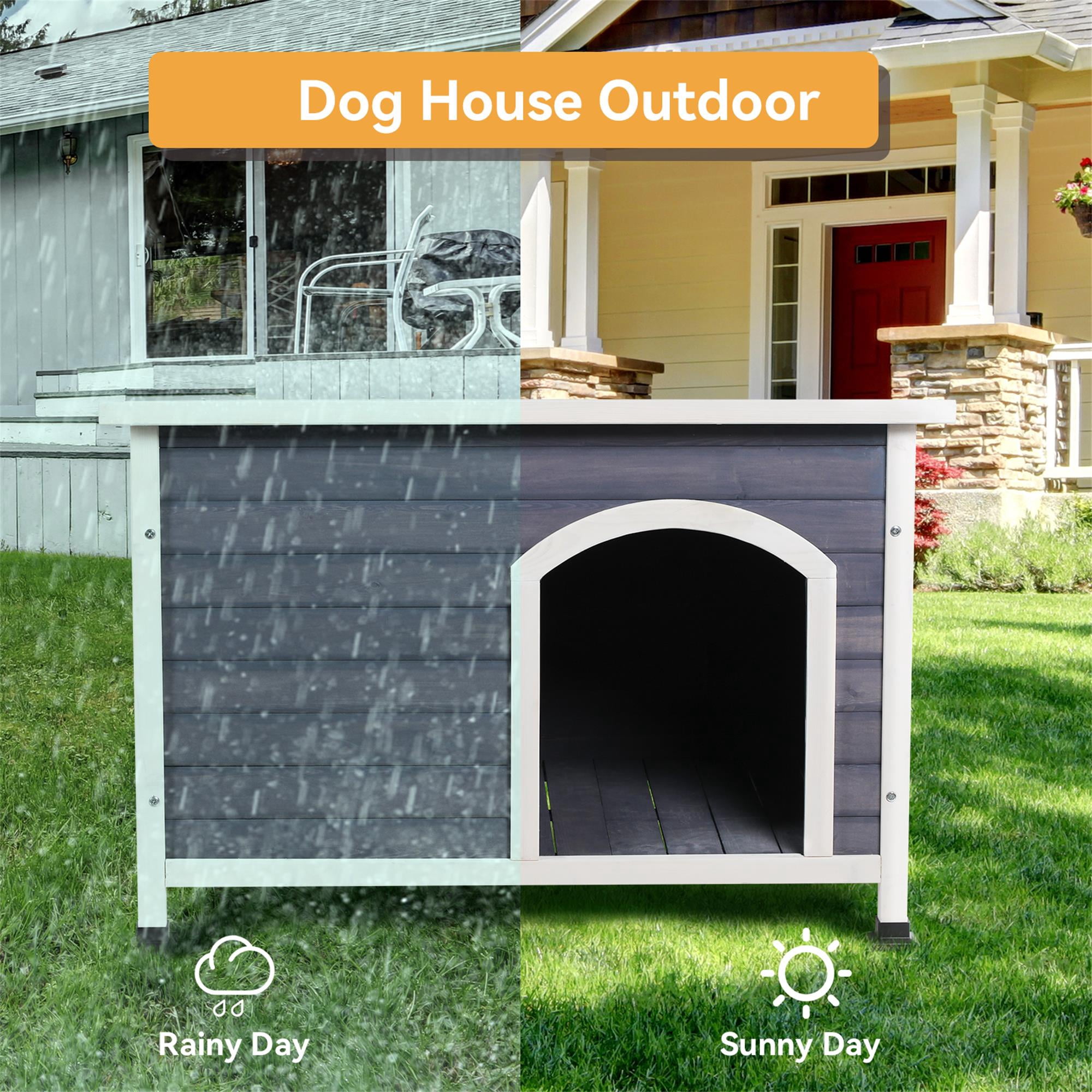 Pefilos 41" Width Outdoor Wooden Dog House for Medium Dogs with Raised Feet, Removable Floor Weatherproof Pet Cat House, Gray