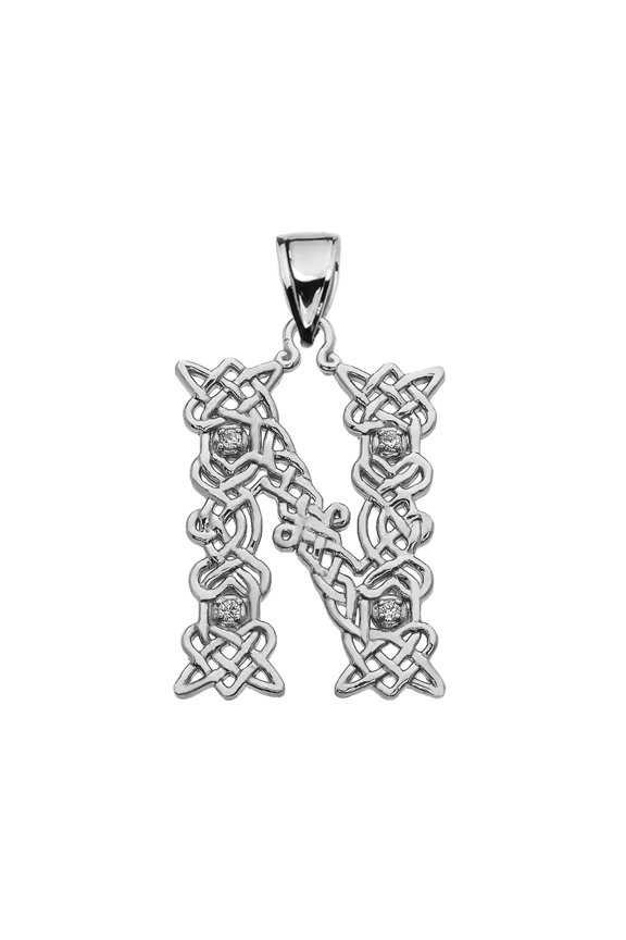 N" INITIAL IN CELTIC KNOT PATTERN WHITE GOLD PENDANT NECKLACE WITH DIAMOND :  14K  Pendant with 22" chain