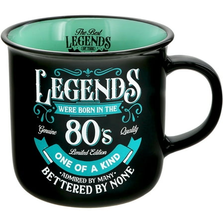 Pavilion Gift Company - Legends Were Born In The 80s - Ceramic 13-ounce Campfire Mug, Double Sided Coffee Cup, Funny Birthday Gift For Women or Men, 1 Count (Pack of 1), 3.75” x 5” x 3.5”, Black/Teal