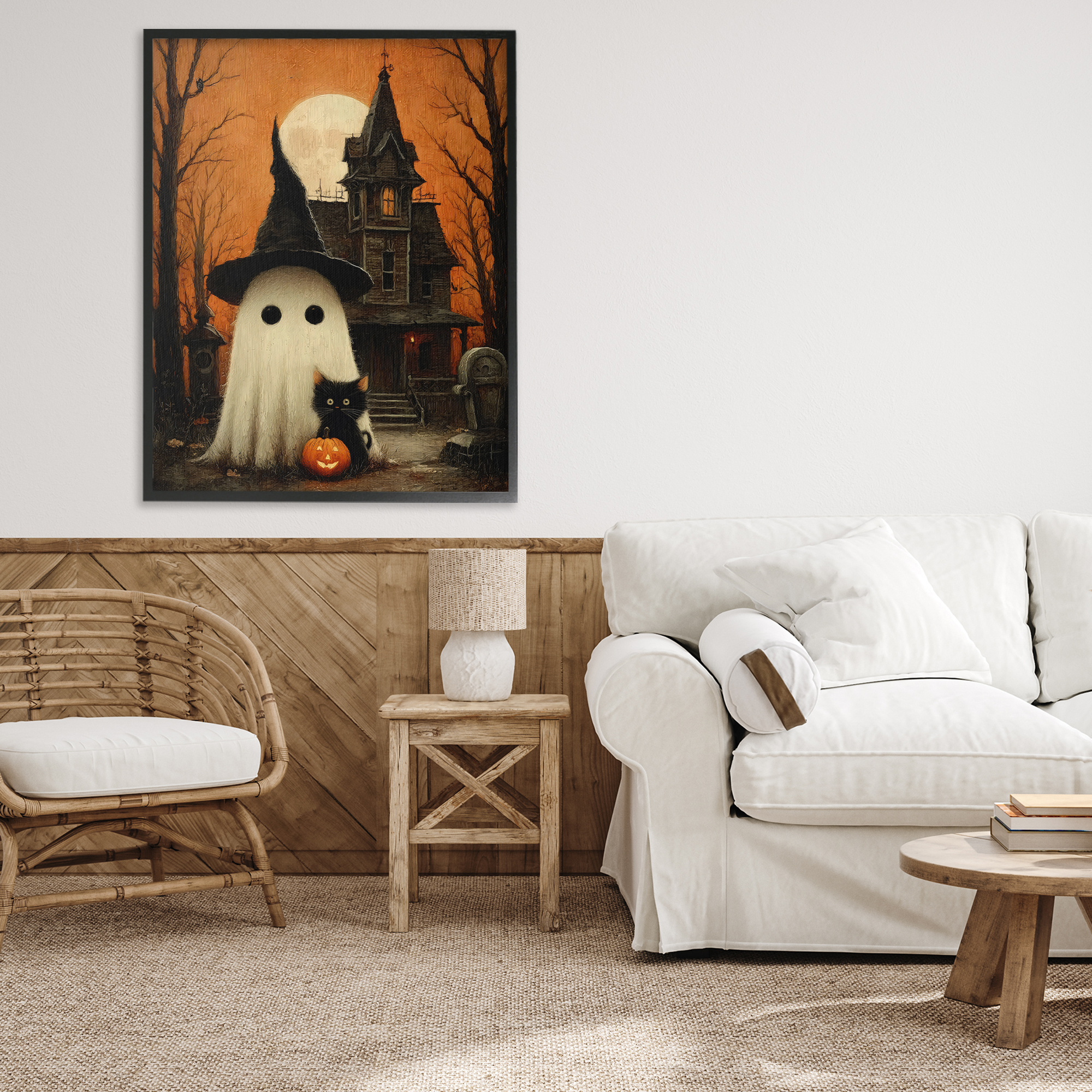 Cute Ghost & Haunted House Black Framed Giclee Art, design by Arlington Prints