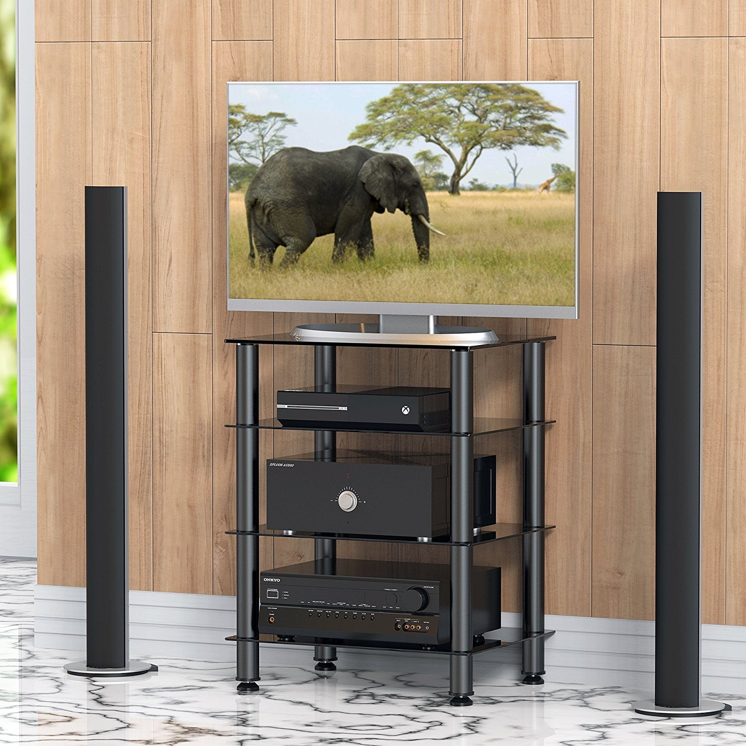 Fitueyes 4-tier Media Component Stand AV Audio Cabinet Entertainment Shelves 