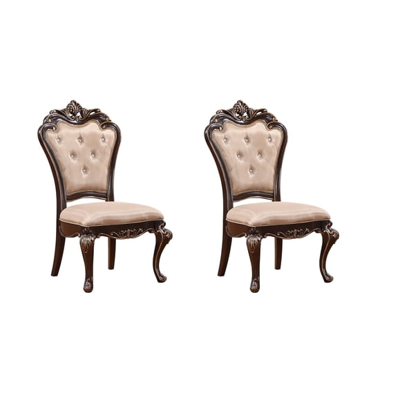 Benjara Leon 22" Set of 2 Tufted Dining Chairs- Cherry Brown Wood- Beige Fabric