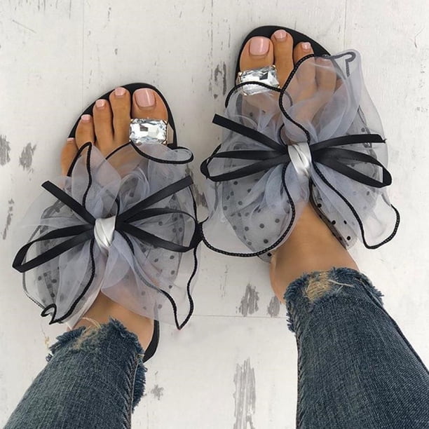 Pantuflas de playa planas con diamantes y puntera con nudo de lazo para mujer Wmkox8yii ytu3253