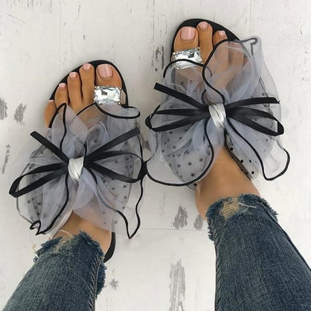 

FAKKDUK Womans Slippers Orthopedic Sandals for Women Comfortable Slide Sandals Lightweight Toe Ring Flip Flops Slip On Flat Sandals Casual Summer Beach Shoes with Bow Knot 8.5&Gray