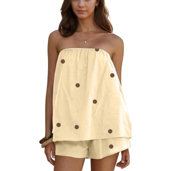 Women Polka Dot Two Piece Set Summer Lounge Set Smocked Strapless Top Shorts Matching Set Travel Vacation Outfits