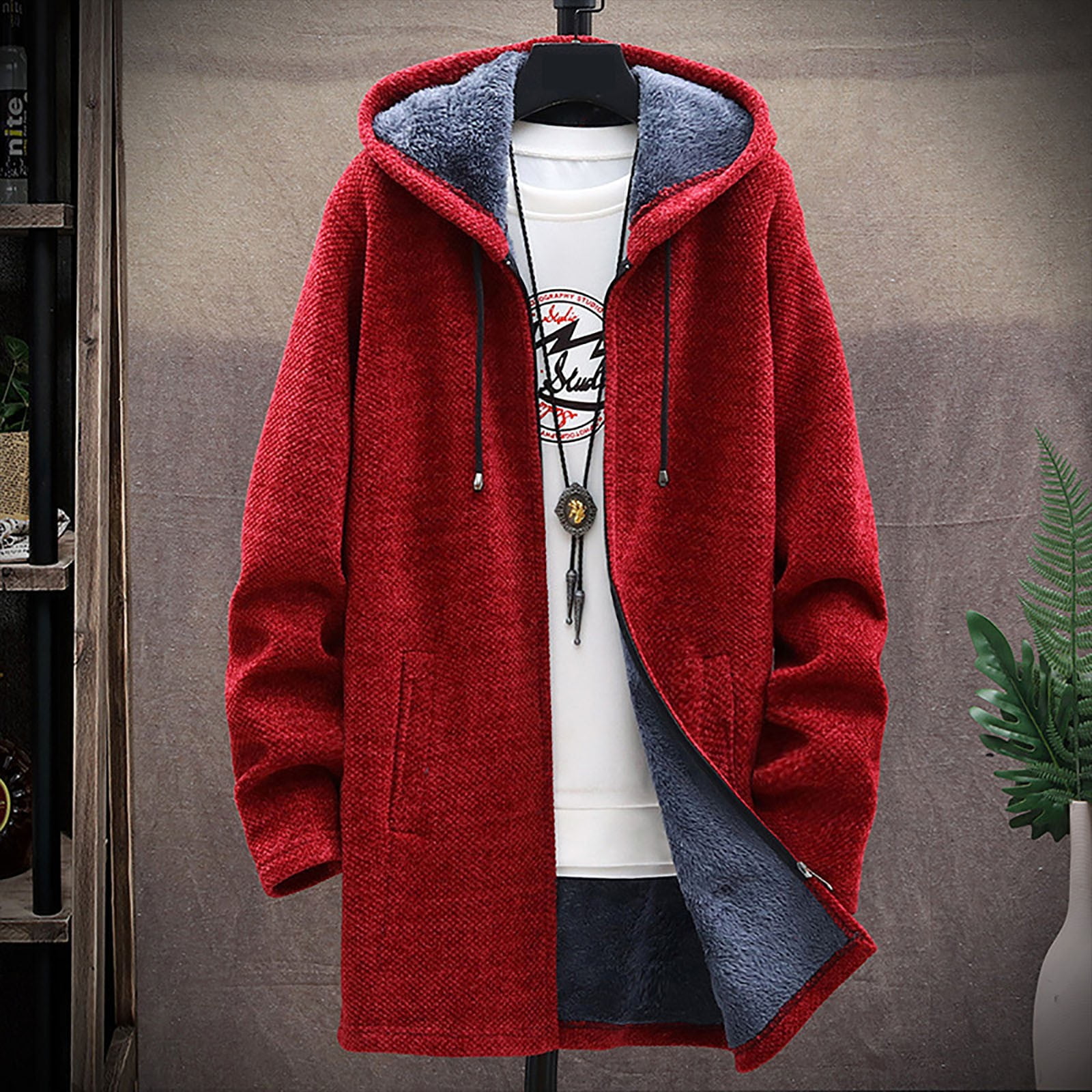 Odeerbi Trench Coats for Men Mid-length Hooded Jacket Windbreaker Solid Solor Casual Anoraks Red
