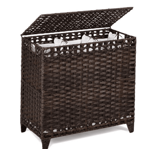 Laundry Hamper with 3 Removable Liner Bags; 132L Handwoven Rattan Laundry Basket with Lid & Heightened Feet; Clothes Hamper with Side Handles; Laundry Sorter with 3 Separate Sections (Brown)