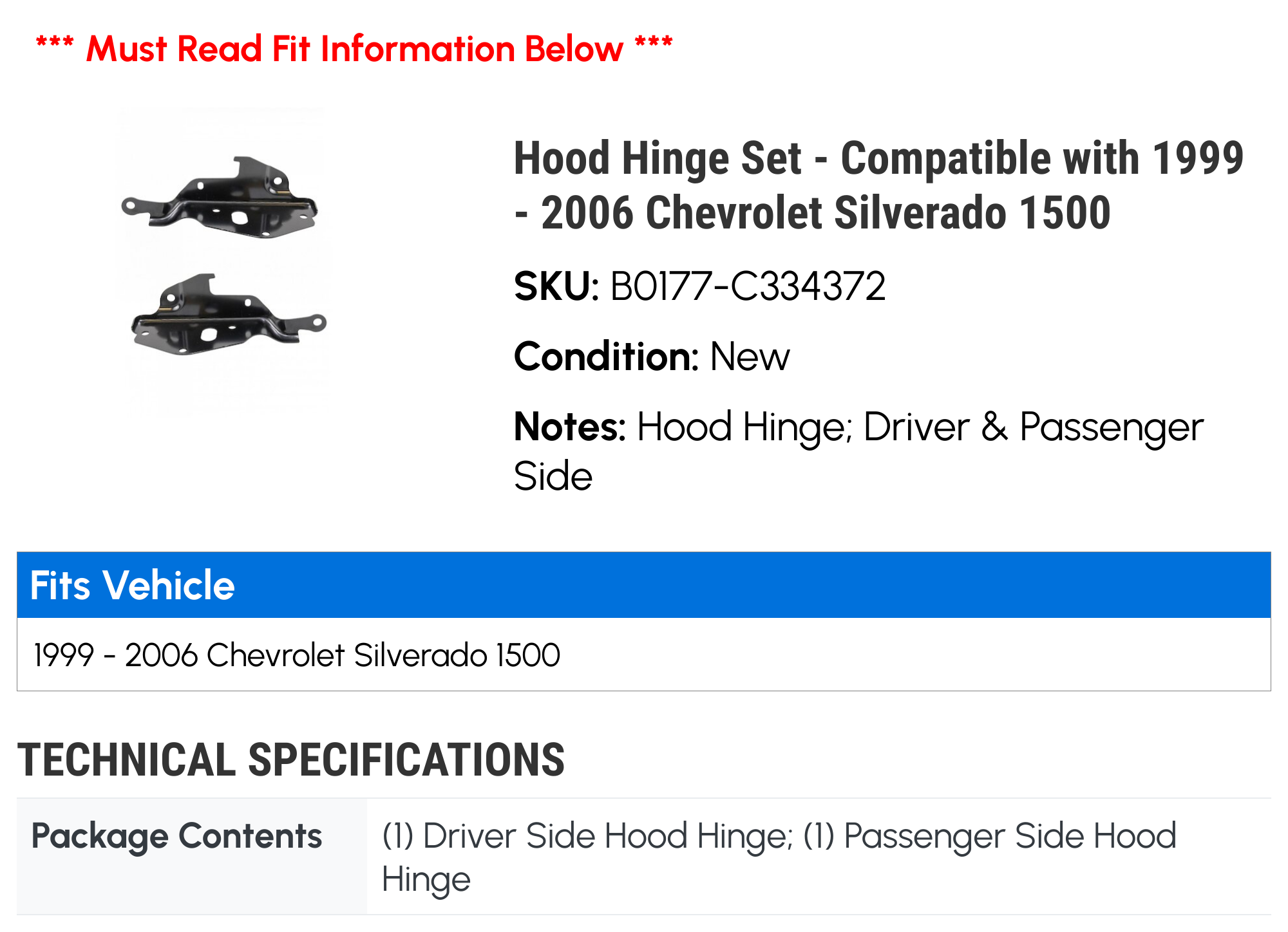 Autoelements Hood Hinge Set (Left & Right) For 1999-2006 GMC Sierra Yukon | Chevy Silverado Suburban