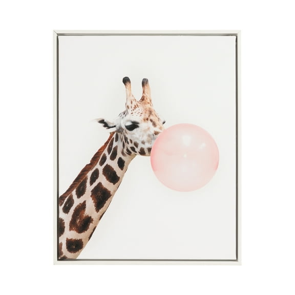 DesignOvation Funny Giraffe With Bubble Gum 16"x 20" Framed Canvas Art Print by July Art Prints