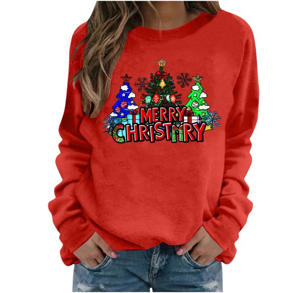 Lopecy-Sta Women's Christmas Tree Merry Christmas Print Crew Neck Sweatshirt, Polyester Drop Shoulder Long Sleeve Casual Pullover Orange XL