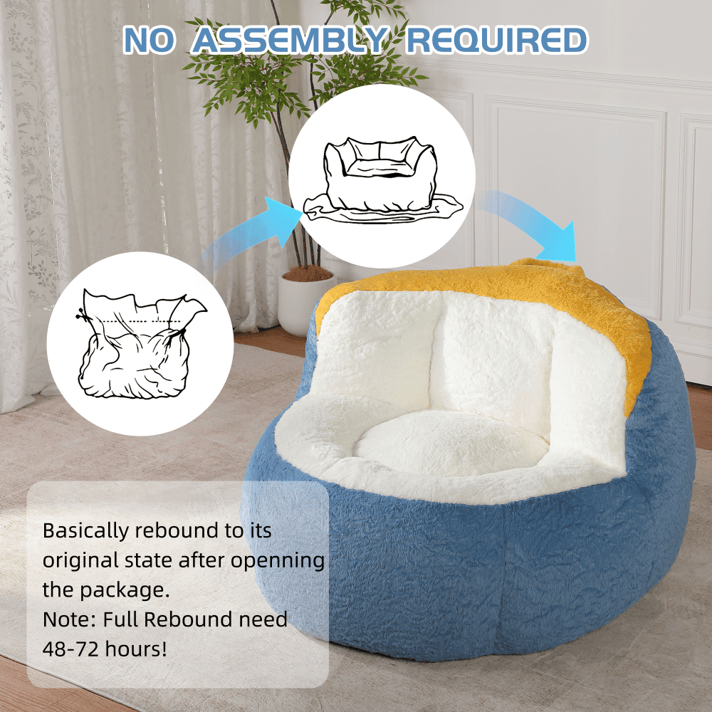 Tcbosik Bean Bag Chairs for Adults, Faux Fur Lounge Chair for Living Room, Bedroom, No Assembly Needed, Blue+White+Yellow