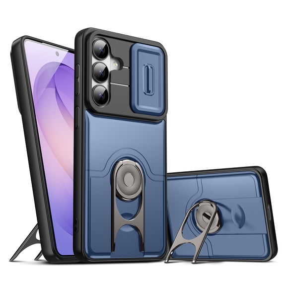 for Samsung Galaxy A17 5G Magnetic Case, Hybrid PC TPU Cover with Sliding Camera Lens Cover, Luxury Ring Holder Stand Shockproof Drop Protective Phone Case for Samsung Galaxy A17 5G, Blue