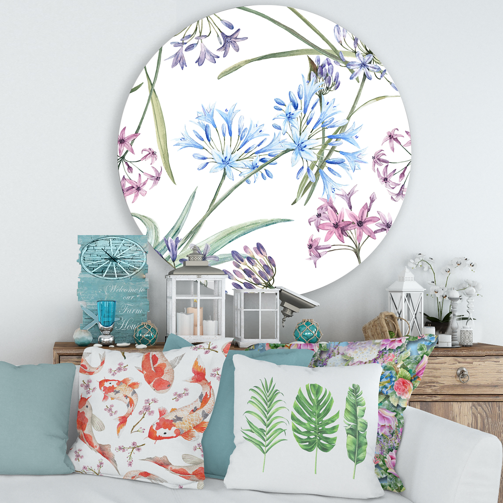 Designart 'Vibrant Summer Wildflowers On White II' Traditional Circle Metal Wall Art 36x36 - Disc of 36