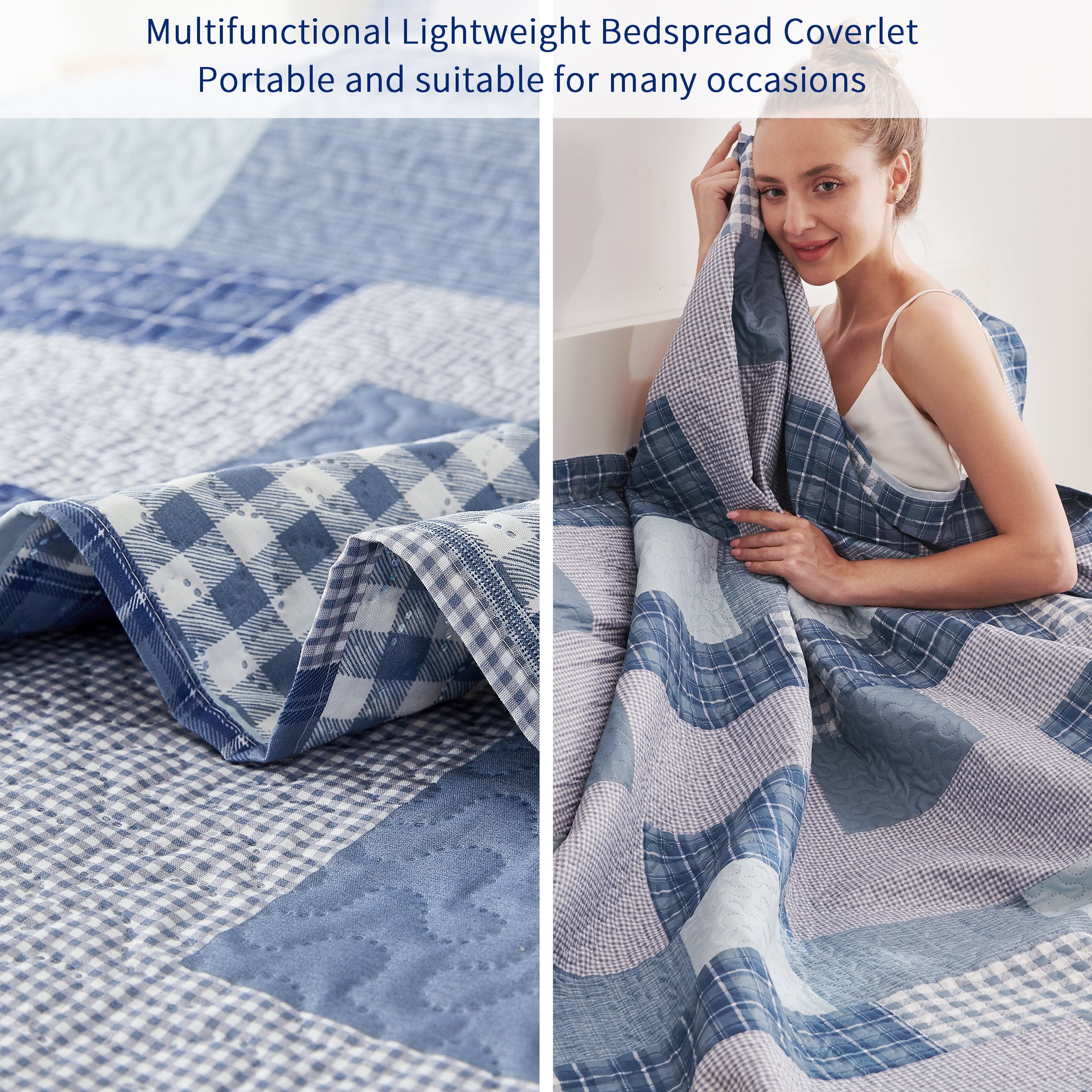 Smuge Full/Queen Size Reversible Quilt Set with Pillow Shams, Soft Microfiber Lightweight Coverlet Bedspread, Modern Blue White Plaid Bedding