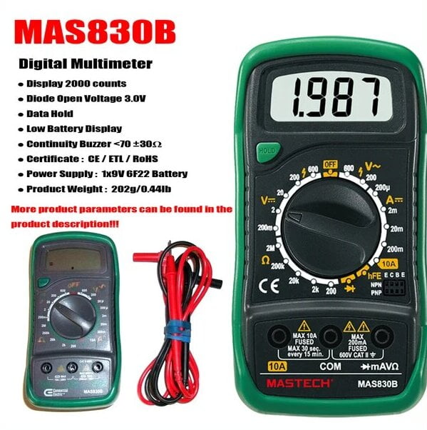 MASTECH MAS830B Digital Multimeter Display 2000 counts;Continuity Buzzer Less than 70 ±30ΩLow Battery Display(MAS830B)