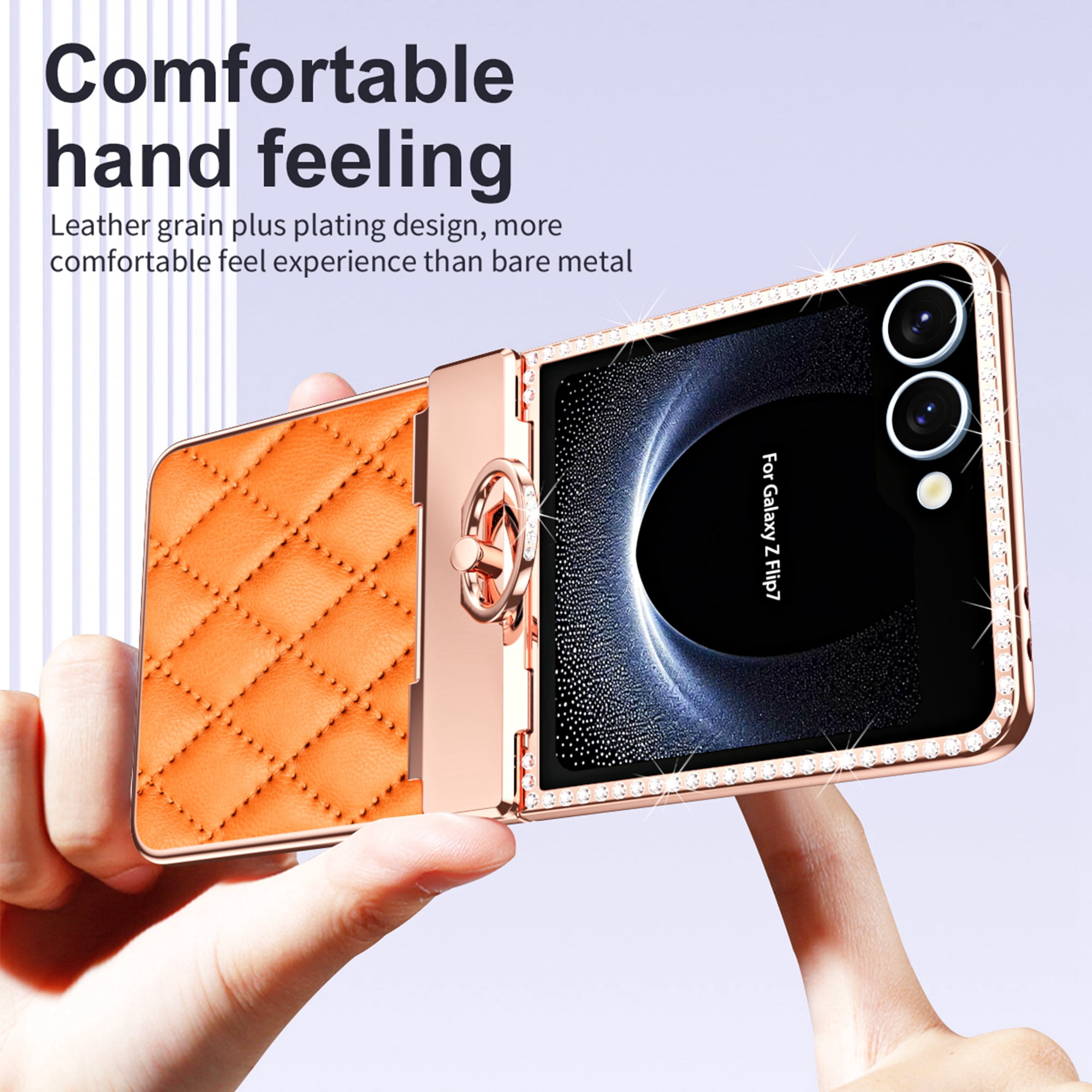 Dteck Diamond Case for Samsung Galaxy Z Flip 7 with Hinge Protection and Ring Holder, Luxury Sparkly Plating Shockproof Phone Cover with Screen Protector for Galaxy Z Flip 7,Orange