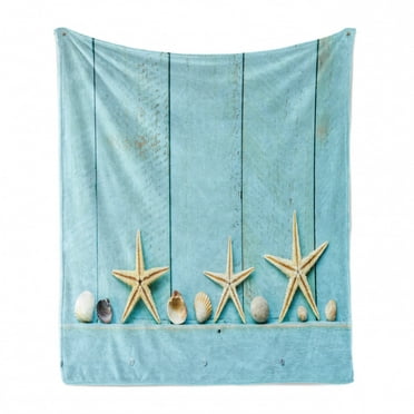 Rustic Wood Soft Flannel Fleece Blanket, Nautical Arrangement of Sea Stars and Shells Illustration with Planks, Cozy Plush for Indoor and Outdoor Use, 50" x 60", Beige and Pale Blue, by Ambesonne