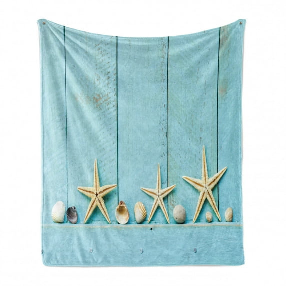 Rustic Wood Soft Flannel Fleece Blanket, Nautical Arrangement of Sea Stars and Shells Illustration with Planks, Cozy Plush for Indoor and Outdoor Use, 50" x 70", Beige and Pale Blue, by Ambesonne