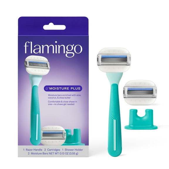 Flamingo Women's Moisture Plus Razor Set with Razor Handle, 2 Blade Refill Cartridges, and Shower Holder, Seafoam